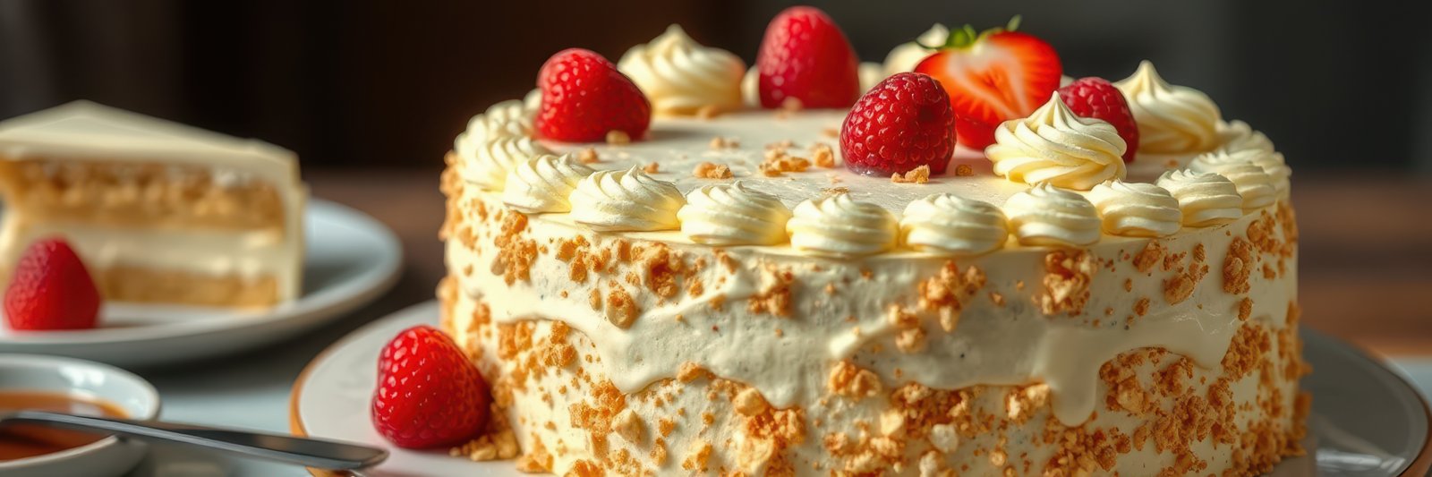 Delicious cream cake topped with fresh strawberries and raspberries served at a cozy dessert cafe